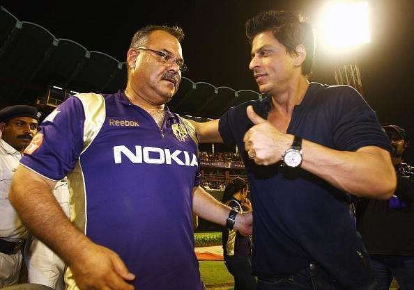 Owner Shah Rukh Khan and coach Dev Whatmore after Kolkata on a game in IPL 2010