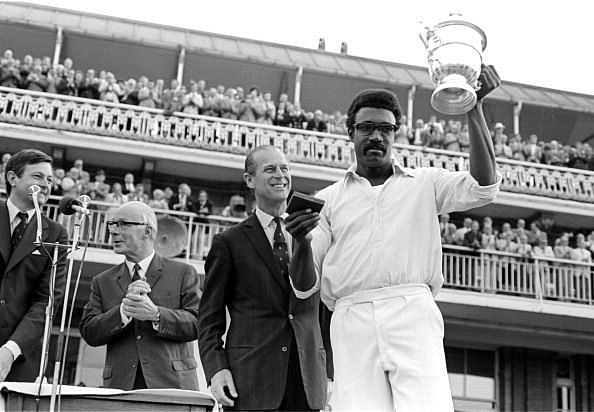Clive Lloyd with the inaugural World Cup trophy