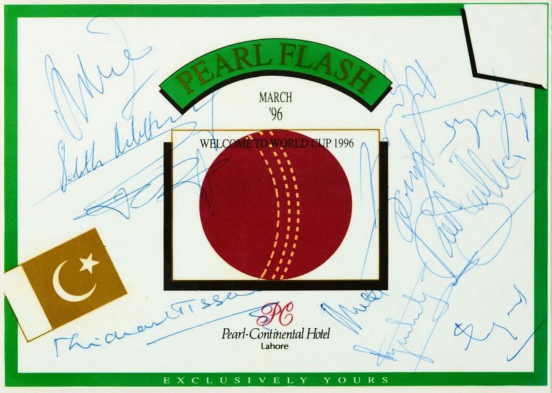 Autographs of ex-Sri Lankan cricketers Michael Tissera, Sidath Wettimuny, Anura Tennekoon, Ranjit Fernando and Duleep Mendis, and World Cup winners Arjuna Ranatunga, Aravinda de Silva, Sanath Jayasuriya, Chaminda Vaas, Muttiah Muralidaran and Hashan Tillakaratne on the specially printed World Cup leaflet from the host hotel in Lahore, Pakistan. (© Ranjan Mellawa)
