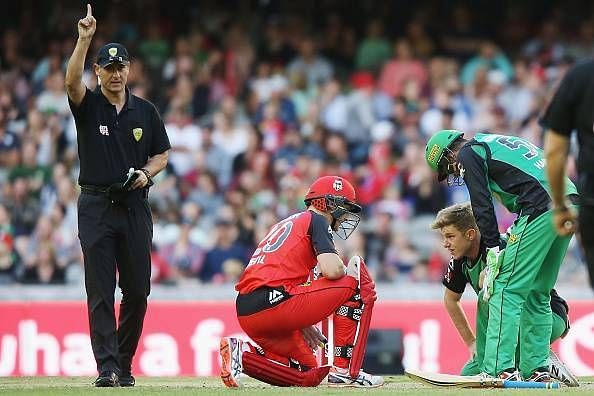 The ball hit Adam Zampa’s nose and deflected onto the stumps
