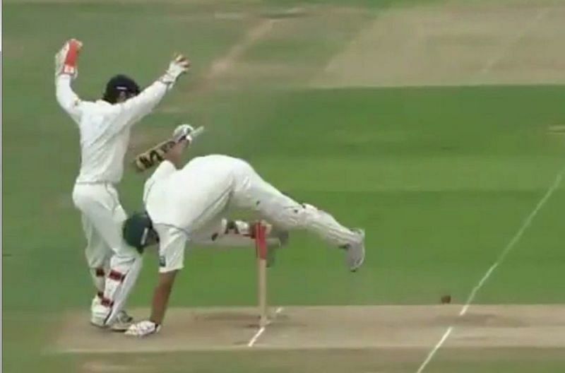 Inzamam-ul-Haq nearly took out Chris Read along with the stumps, off Monty Panesar's bowling.