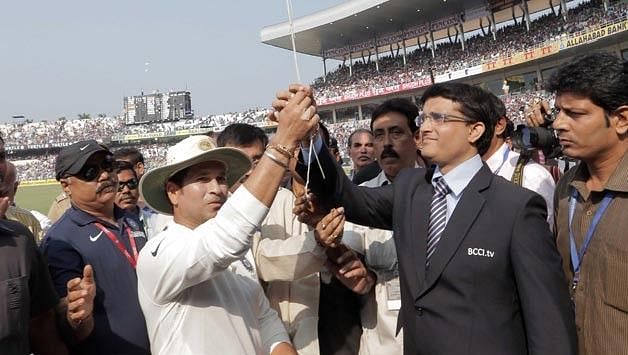 Sourav Ganguly and Sachin Tendulkar were seen sharing a light moment during the latter’s 199th Test