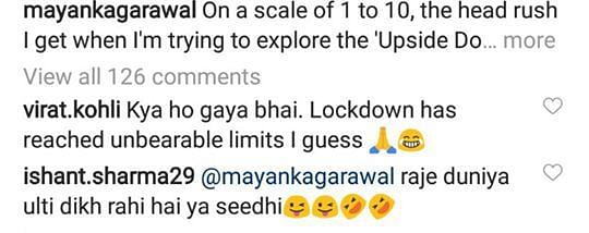 Virat Kohli and Ishant Sharma's comments on Mayank Agarwal's post