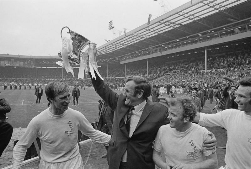 1972 FA Cup Final: Don Revie (centre) celebrates by lifting the FA Cup.