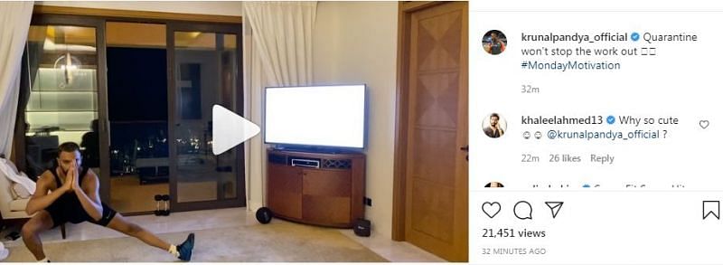 Khaleel Ahmed's comment on Krunal Pandya's workout routine post