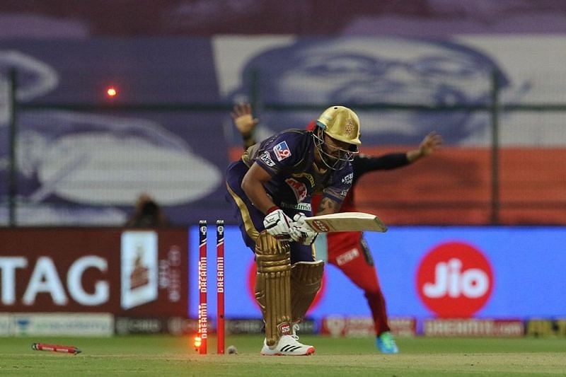 Nitish Rana was comprehensively beaten by a Siraj inswinger. [PC: iplt20.com]