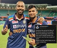 IND v AUS 2020: Twitter lauds Hardik Pandya for handing the Man of the Series trophy to T Natarajan