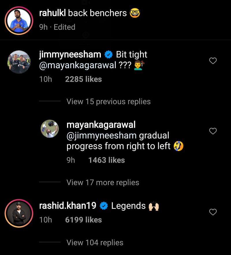 Jimmy Neesham, Mayank Agarwal, and Rashid Khan commented on KL Rahul's post