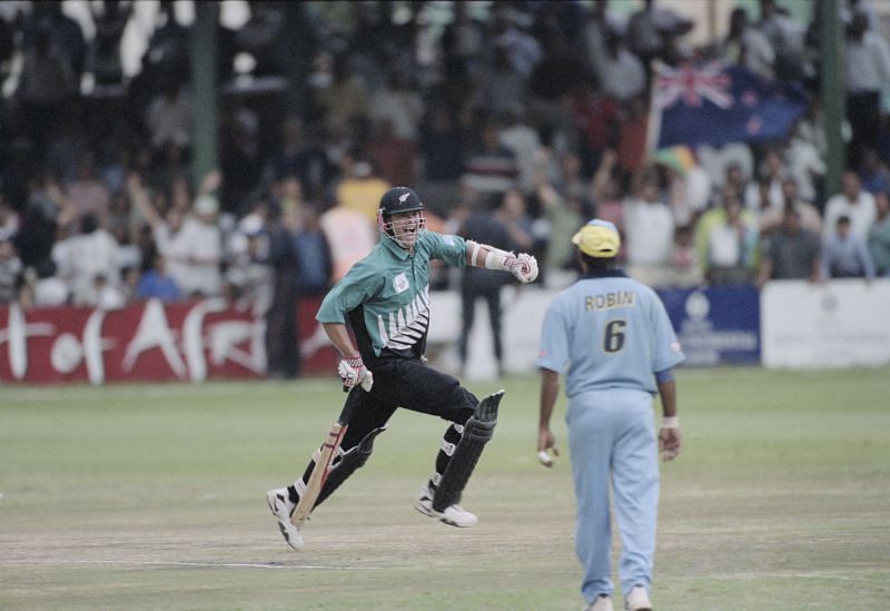 Chris Cairns celebrates a famous New Zealand win. Pic: ALLSPORT