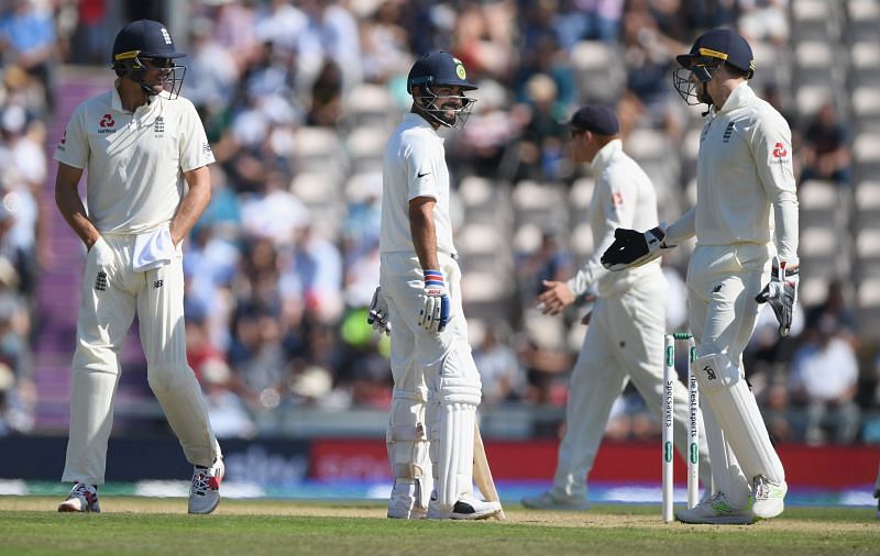 Indian skipper Virat Kohli (centre) during India's Test against England at the Ageas Bowl in 2018