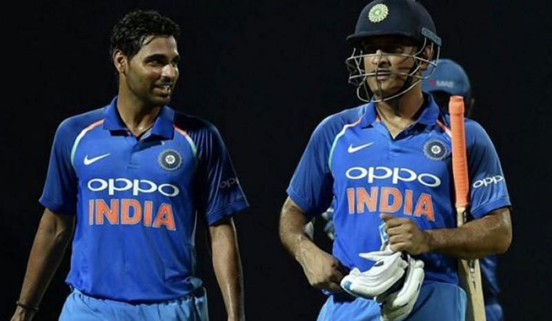 MS &lt;a href=&#039;https://www.sportskeeda.com/player/ms-dhoni&#039; target=&#039;_blank&#039; rel=&#039;noopener noreferrer&#039;&gt;Dhoni&lt;/a&gt; and Bhuvneshwar Kumar after their match-winning partnership at Pallekele (Photo: Twitter)