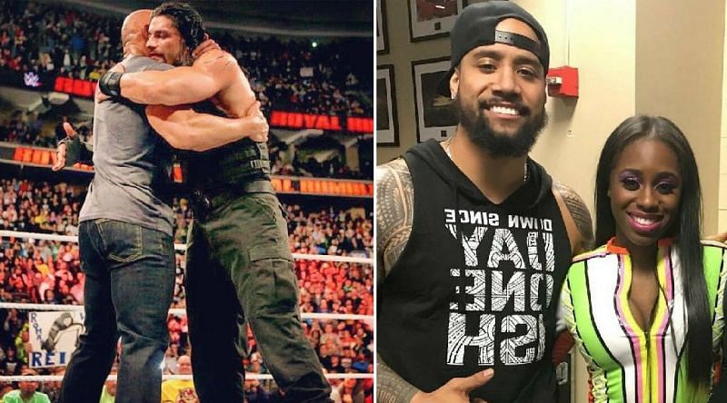 WWE हॉल ऑफ फेमर द रॉक और रोमन रेंस (बाएं) और उनके खानदान के दो सदस्य, नेओमी और जिमी उसो (दाएं)