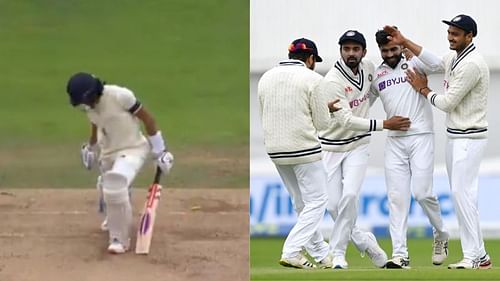 A surprised Hameed (L) looks back at his stumps while Ravindra Jadeja celebrates with teammates (R).