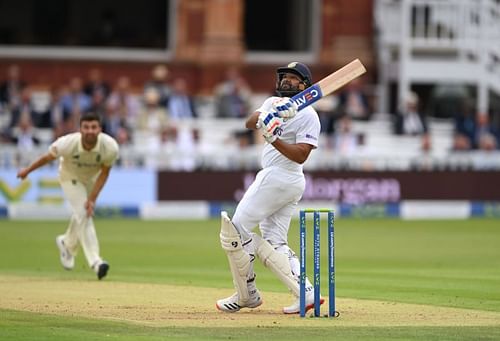Rohit Sharma pulls a ball from Mark Wood during the Lord's Test. Pic: Getty Images
