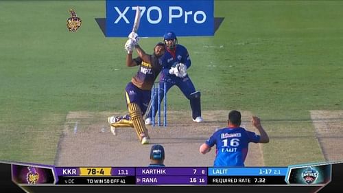 Nitish Rana's two sixes off Lalit Yadav changed the course of the game [Image- Twitter]