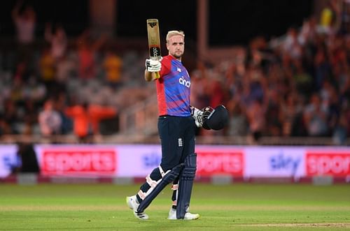 England batsman Liam Livingstone reacts after his century against Pakistan
