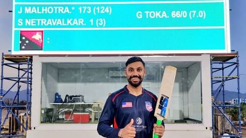 Jaskaran Malhotra smashed a whirlwind unbeaten 124-ball 173 against PNG including 6 sixes in an over