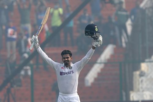 Shreyas Iyer soaks in the applause after reaching his hundred on Test debut. Pic: BCCI