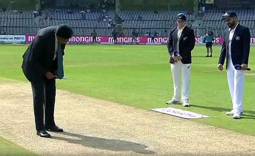 Virat Kohli and Tom Latham with match referee Javagal Srinath (left) at the toss. Pic: BCCI
