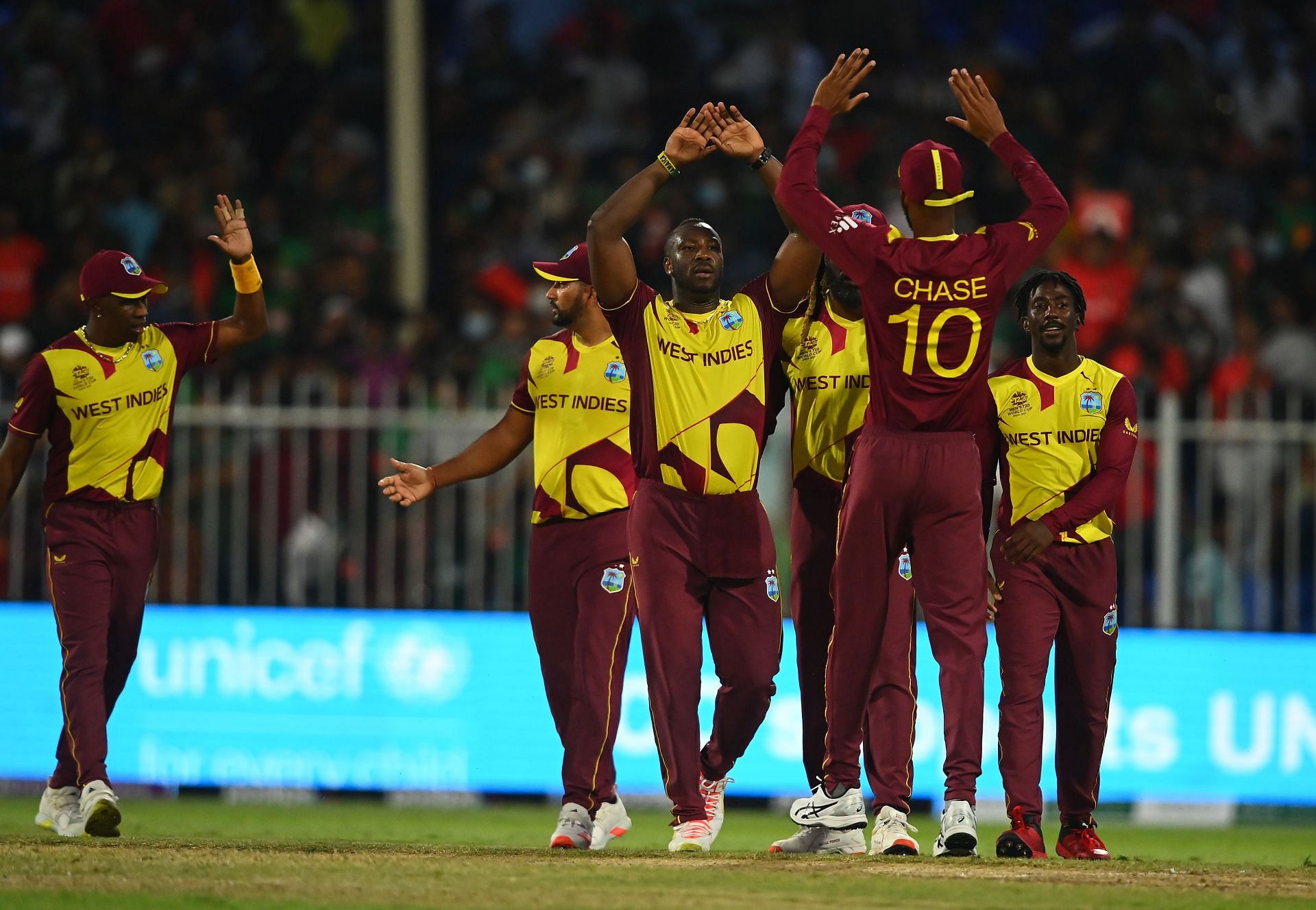 West Indies players during the ICC Men's T20 World Cup 2021.