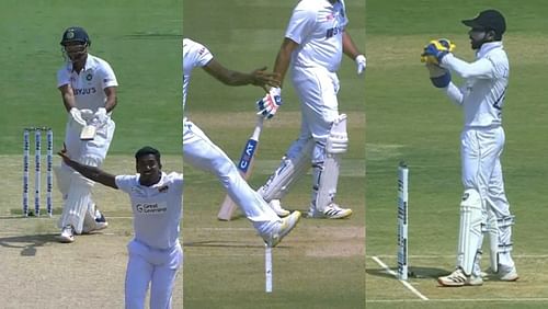 Snippets from Mayank Agarwal's bizarre wicket.