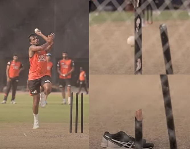 [WATCH] T Natarajan breaks a stump during SRH’s practice session for IPL 2022