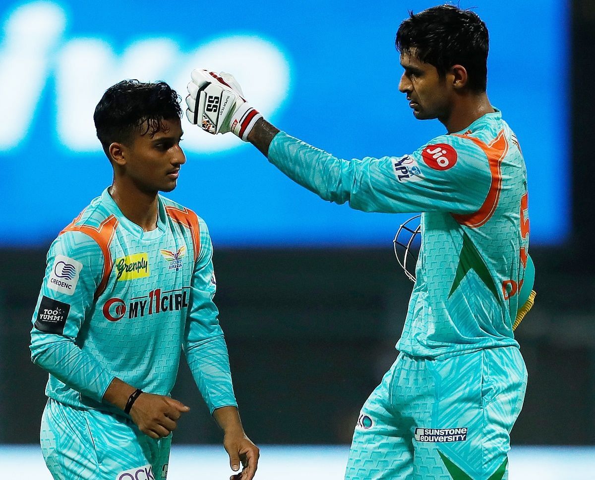 Ayush Badoni (L) and Deepak Hooda (R) scored half-centuries to help LSG to 159