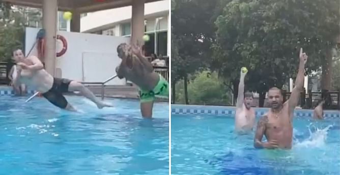 [Watch] PBKS' Shikhar Dhawan participates in a unique catching session in the pool with Jonty Rhodes