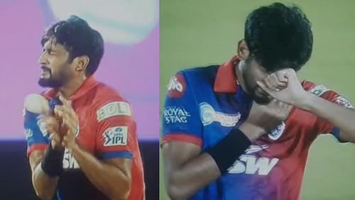 Khaleel Ahmed winces in pain after suffering a nasty blow on the chest. (PC: Twitter)
