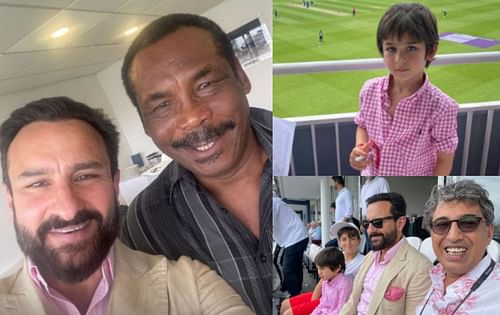 (Left) Saif Ali Khan with Gordon Greenidge; (Right top) Saif’s son Taimur (Right below) Saif and Taimur watching the watch. Credits: Kareena Kapoor/ Instagram