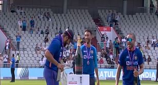[WATCH] Rohit Sharma’s priceless reaction as he gets sprayed with champagne following India’s ODI series win over England