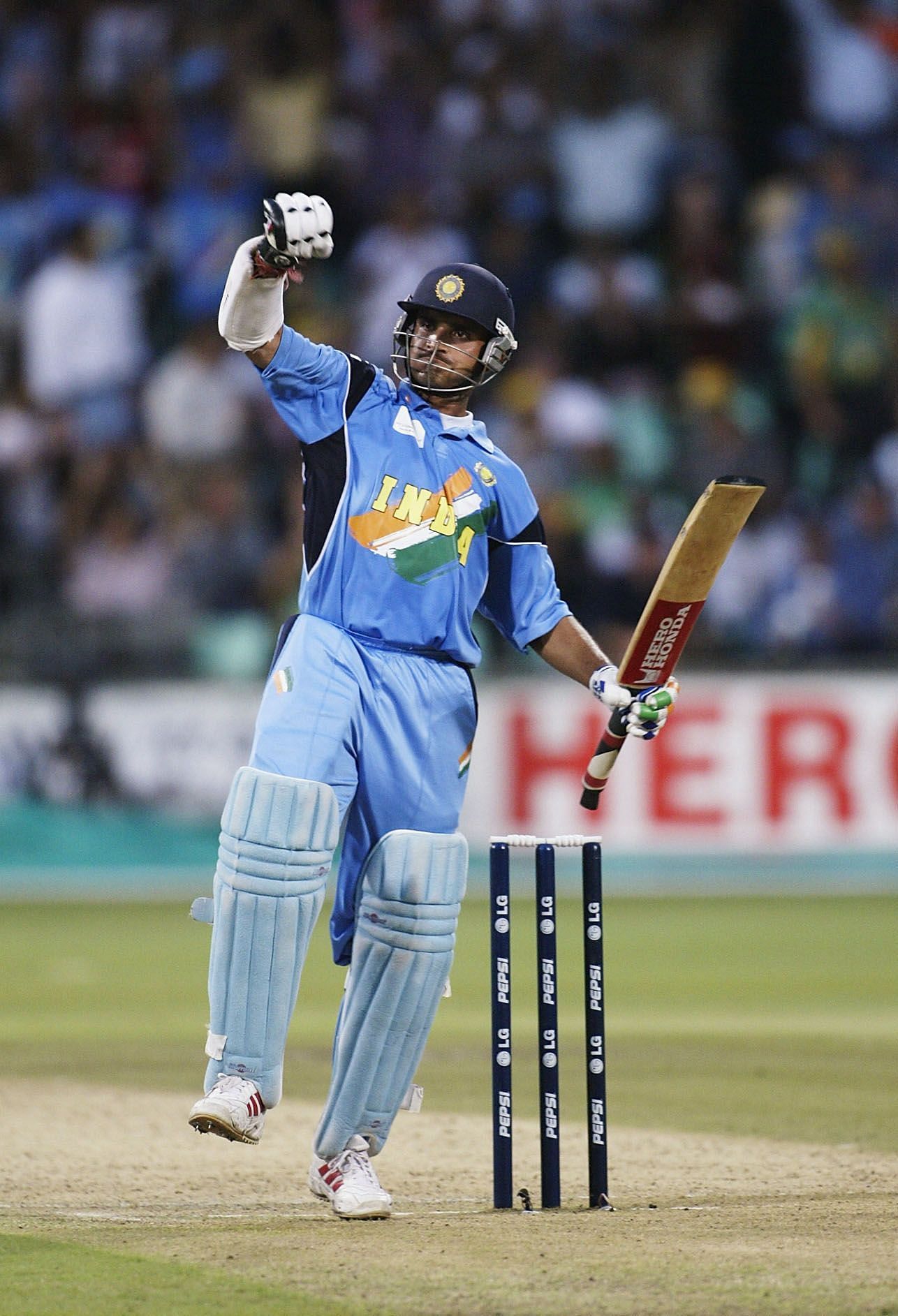 Sourav Ganguly of India celebrates his century against Kenya in the 2003 World Cup semi-final
