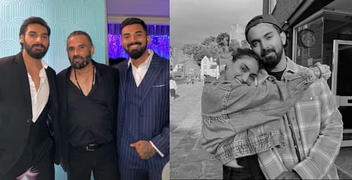 (Left) Ahan Shetty, Suniel Shetty, and KL Rahul; (Right) The cricketer with his ladylove Athiya. Pics: Instagram