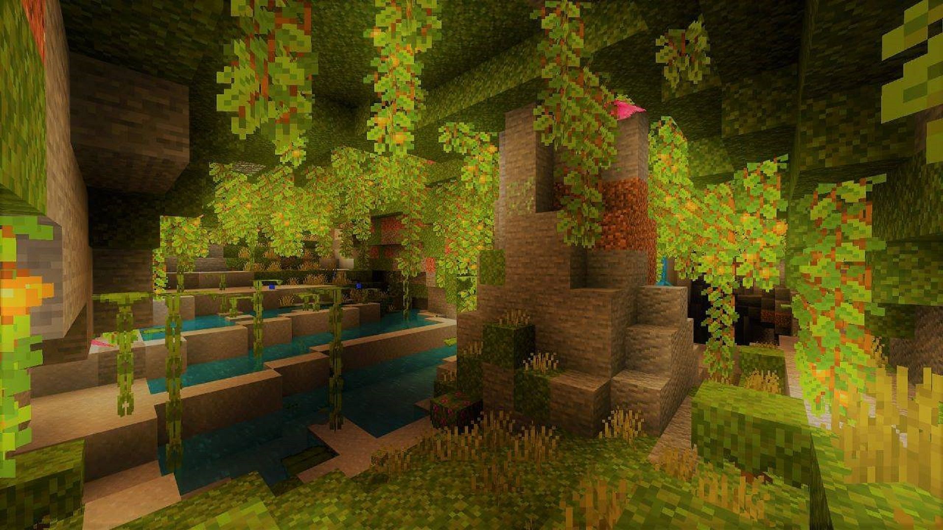A lush cave biome as seen in Minecraft (Image via Mojang)