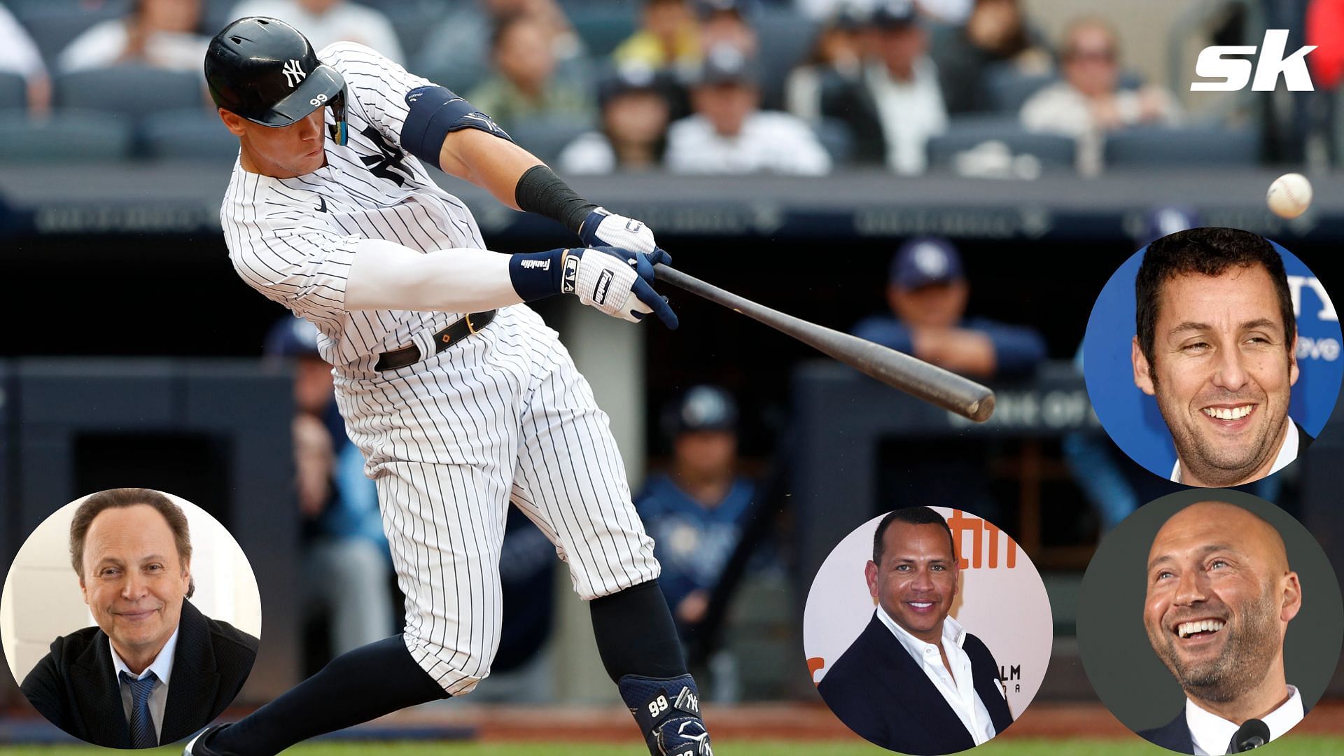New York Yankees superstar, Aaron Judge; Derek Jeter (inset); Alex Rodriguez (inset); Adam Sandler (inset); Billy Crystal (inset).