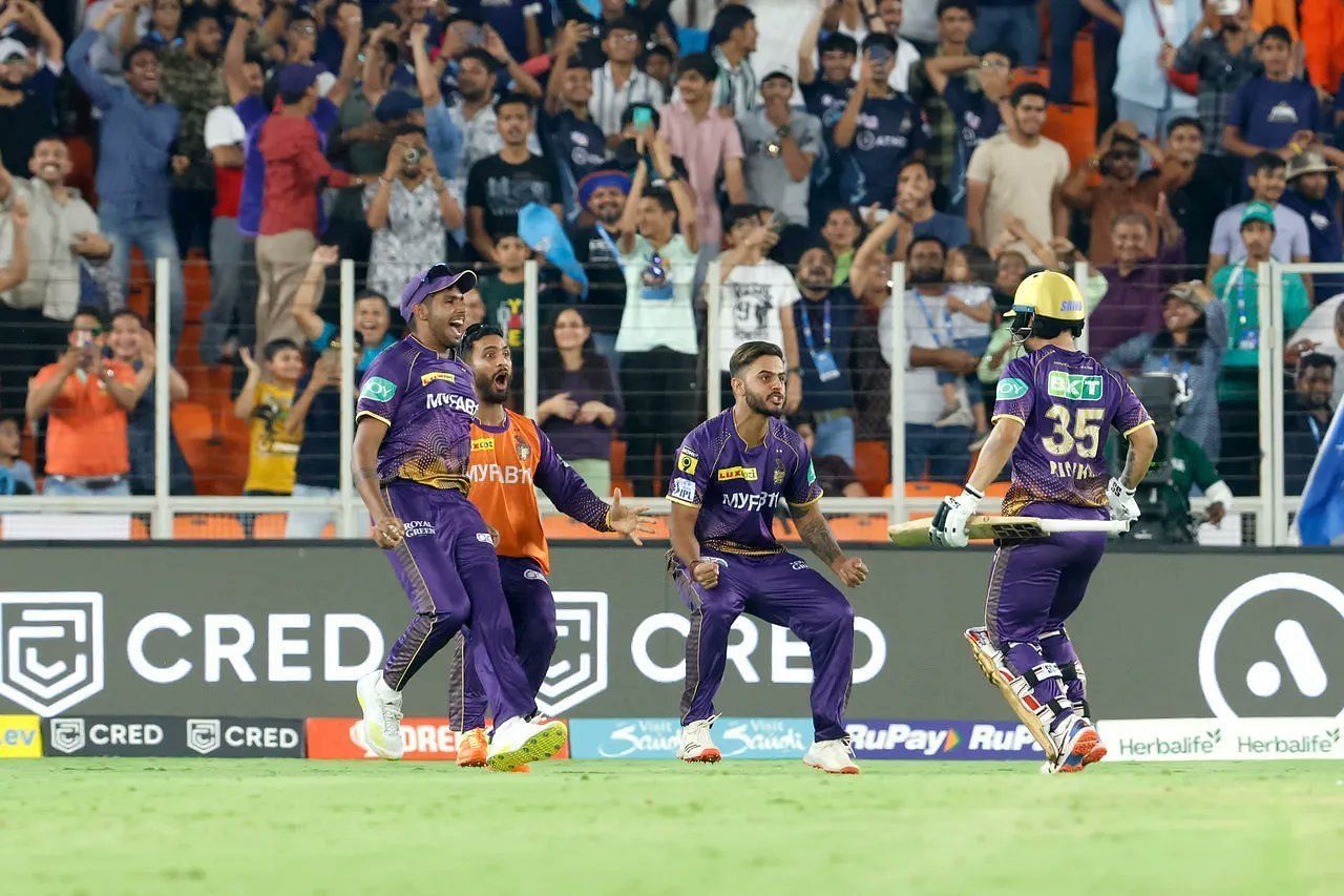 Rinku Singh and Nitish Rana celebrate the victory. (Image Credits: Twitter)