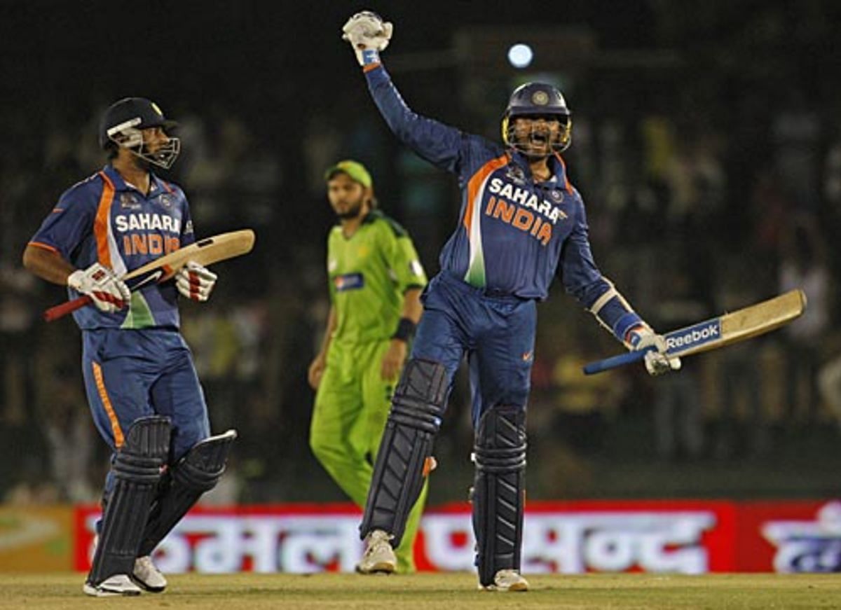 Harbhajan Singh celebrates after hitting the winning six against Pakistan in the 2010 Asia Cup