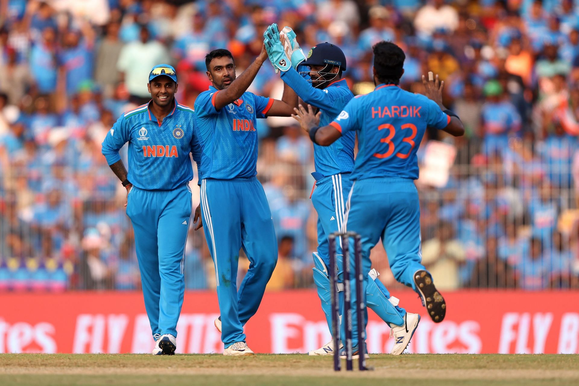 Ashwin celebrates, India v Australia - ICC Men's Cricket World Cup India 2023