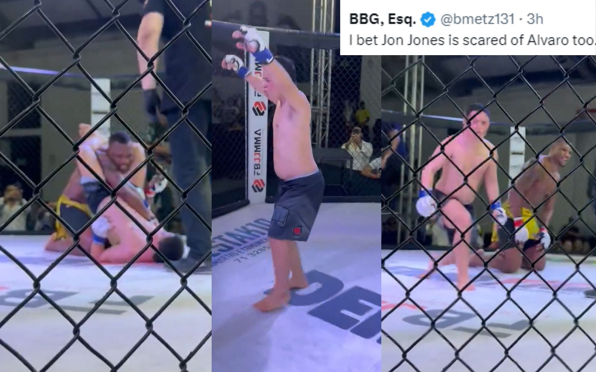 UFC heavyweight Jailton Almeida being submitted by Alvaro Borges [Images Courtesy: @malhadinho_UFC on X]