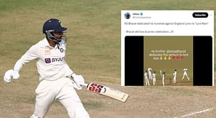 [Watch] KS Bharat celebrates century against England Lions with a tribute to Lord Rama