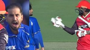 [Watch] Wanindu Hasaranga engages in heated exchange with MI Emirates' Waqar Salamkheil after losing wicket in ILT20 match