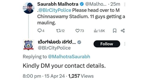 Screenshot of Bengaluru police's deleted reaction to a post regarding RCB vs SRH in IPL clash on Monday.