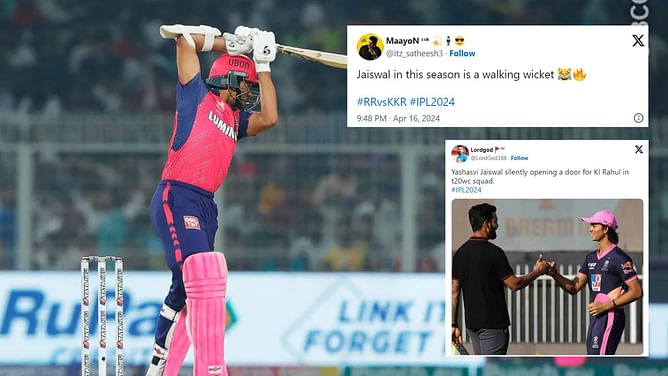 "Jaiswal bottling his WC chances so royally" - Fans disappointed with youngster's poor knock in KKR vs RR IPL 2024 clash