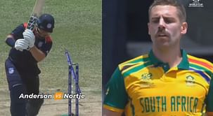 [Watch] Anrich Nortje cleans up Corey Anderson immediately after getting hit for a 6 during SA vs USA 2024 T20 World Cup clash