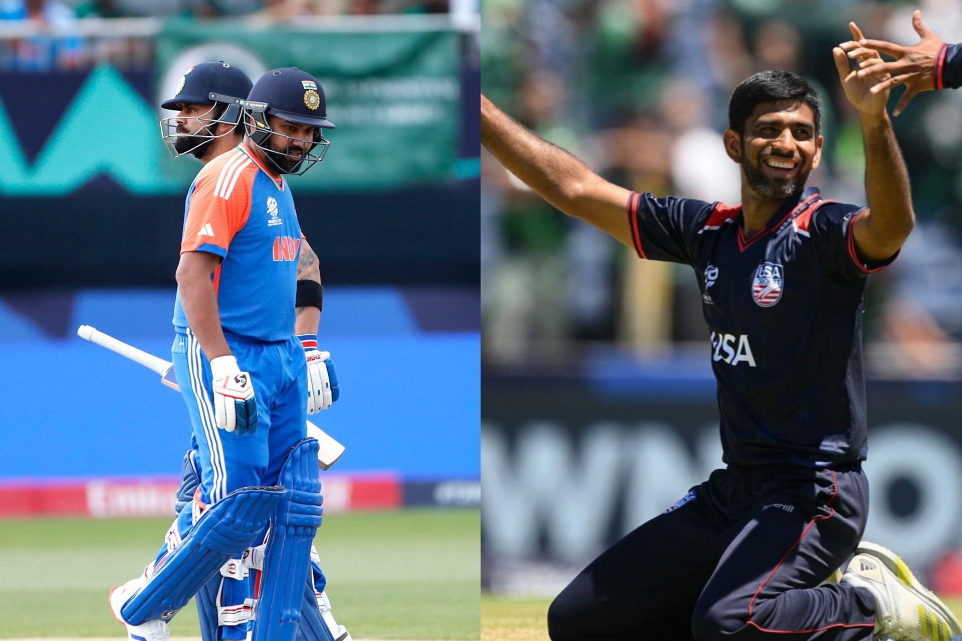 Virat Kohli &amp; Rohit Sharma (L) and Saurabh Netravalkar (R) (Image via Instagram/ @indiancricketteam and @t20worldcup)&nbsp;