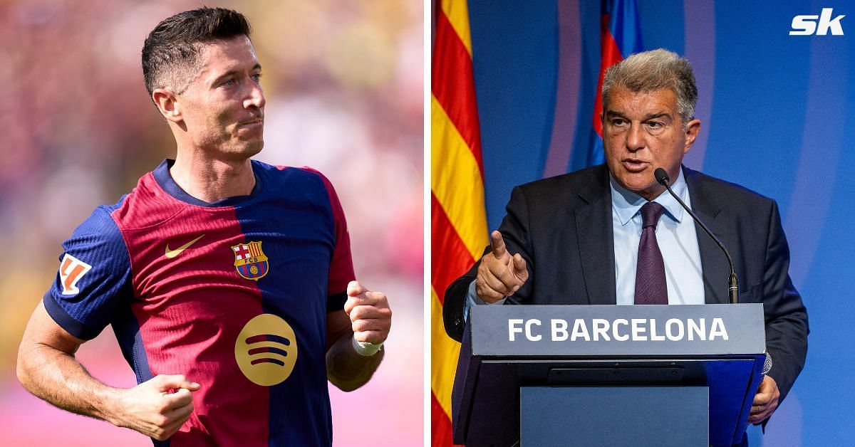 Barcelona striker Robert Lewandowski (left) and Juan Laporta