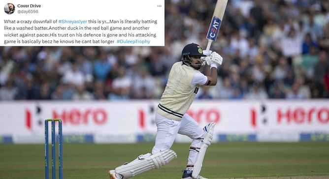 "What a crazy downfall" - Fans react as Shreyas Iyer departs for a duck in Duleep Trophy