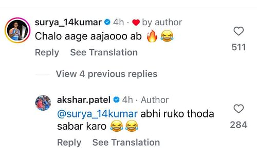 Screenshot of Suryakumar and Axar's comments. (Image Credit: Instagram)