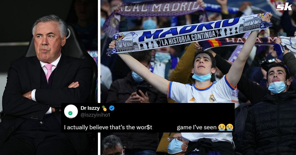 Carlo Ancelotti and Real Madrid Fans (Image via Getty and X - @iszzyiniho1)