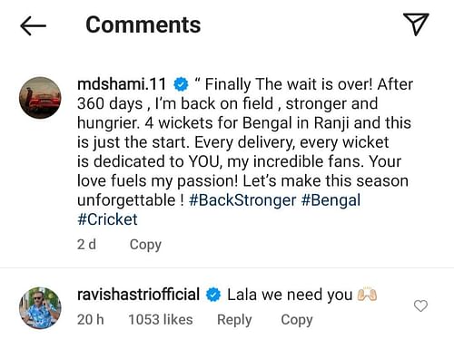 Ravi Shastri reacts to Mohammed Shami's latest Instagram post (Image via Instagram-@mdshami.11)